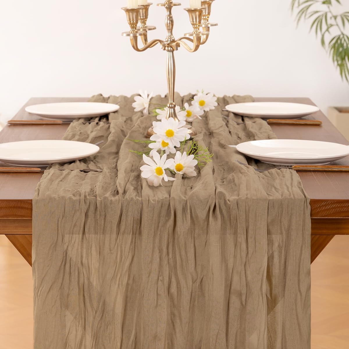 Socomi Cheesecloth Table Runner - 120 Inch Nude Brown Boho Style for Weddings & Events