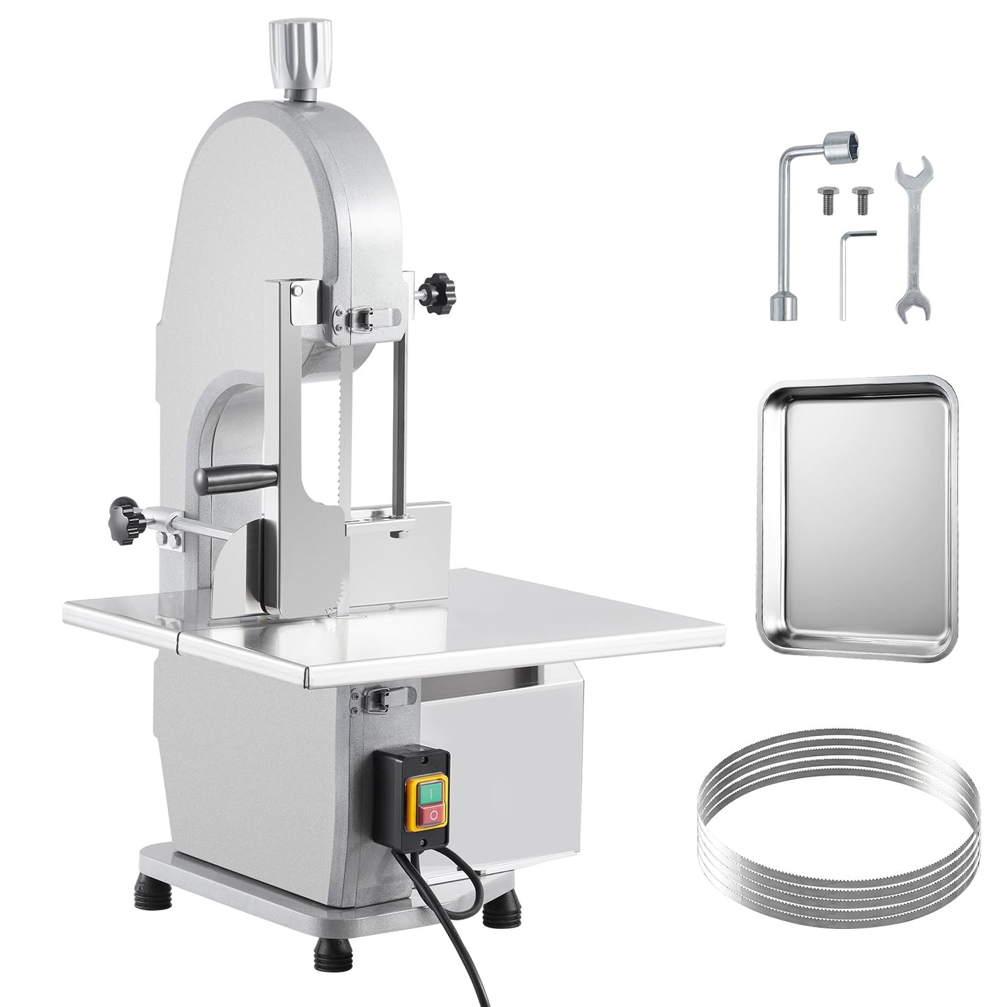 1100W Commercial Electric Meat & Bone Band Saw with Stainless Steel Table (19.3"X15"), Adjustable Thickness 0.16-7.9", Includes 5 Blades – Frozen Meat Cutter Ideal for Butcher Shops, Restaurants, Home
