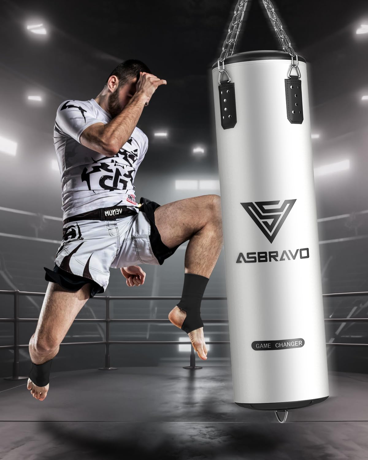 ASBRAVO Punching Bag for Adults, 4ft PU Heavy Boxing Bag Set 12OZ Gloves for MMA Muay Thai Kickboxing Training Home Gym, Martial Art (Unfilled)-White