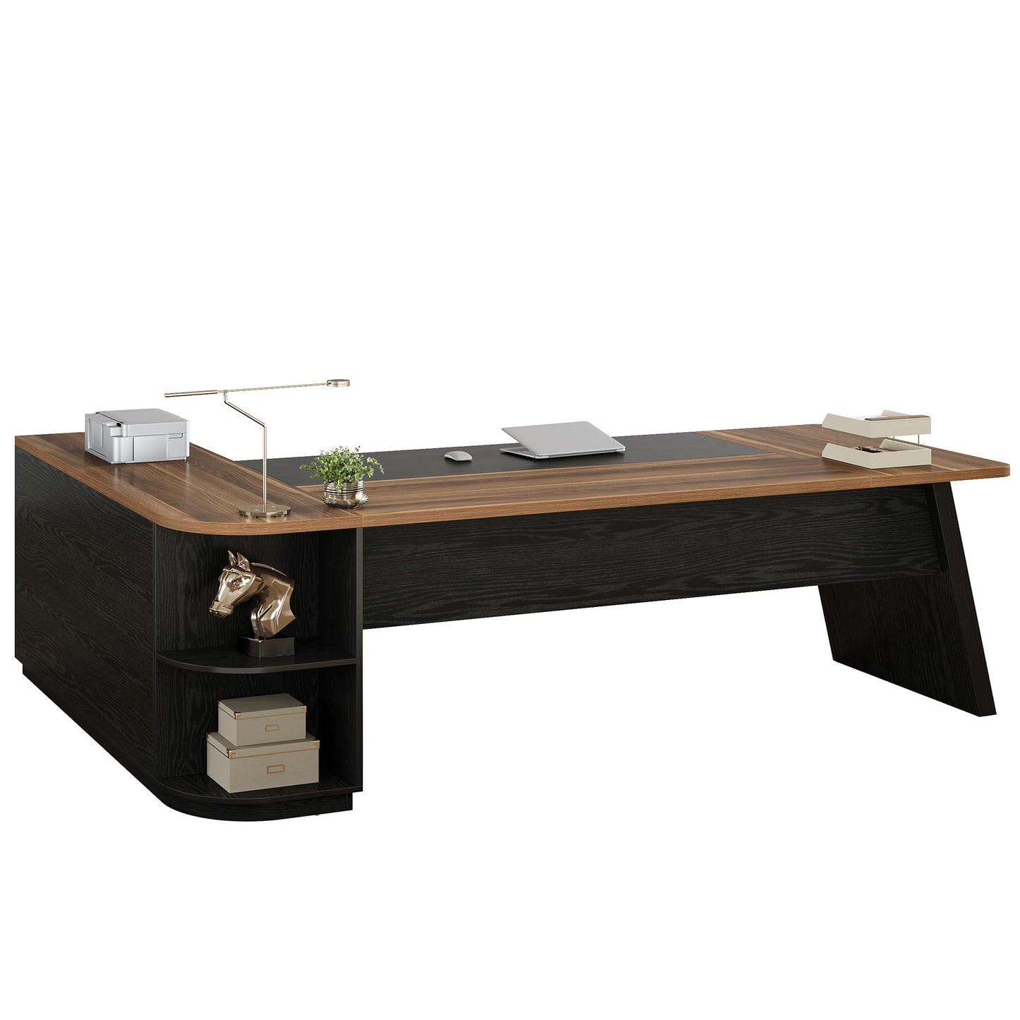 Tribesigns 79-Inch Executive Desk, Large Office Desk with Cabinet, L-Shaped Compter Desk with Storage Shelves, Writing Table for Home Office, Brown and Black