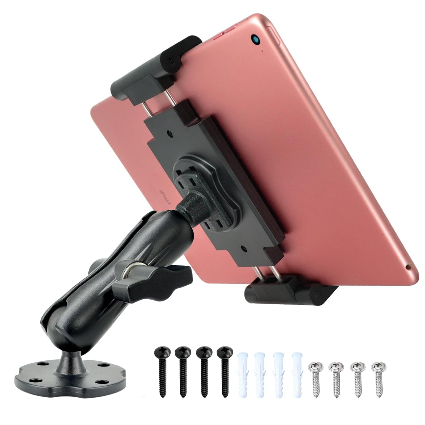 VAUBORTTI Aluminum Arm Heavy Duty Tablet Mount Drill Base - for 6.5"-12.9" Tablet iPad Pro/Mini, iPad Holder for Truck, Car,Dashboard,Desk,Wall-Swivel with 1 inch/25mm Ball Joint