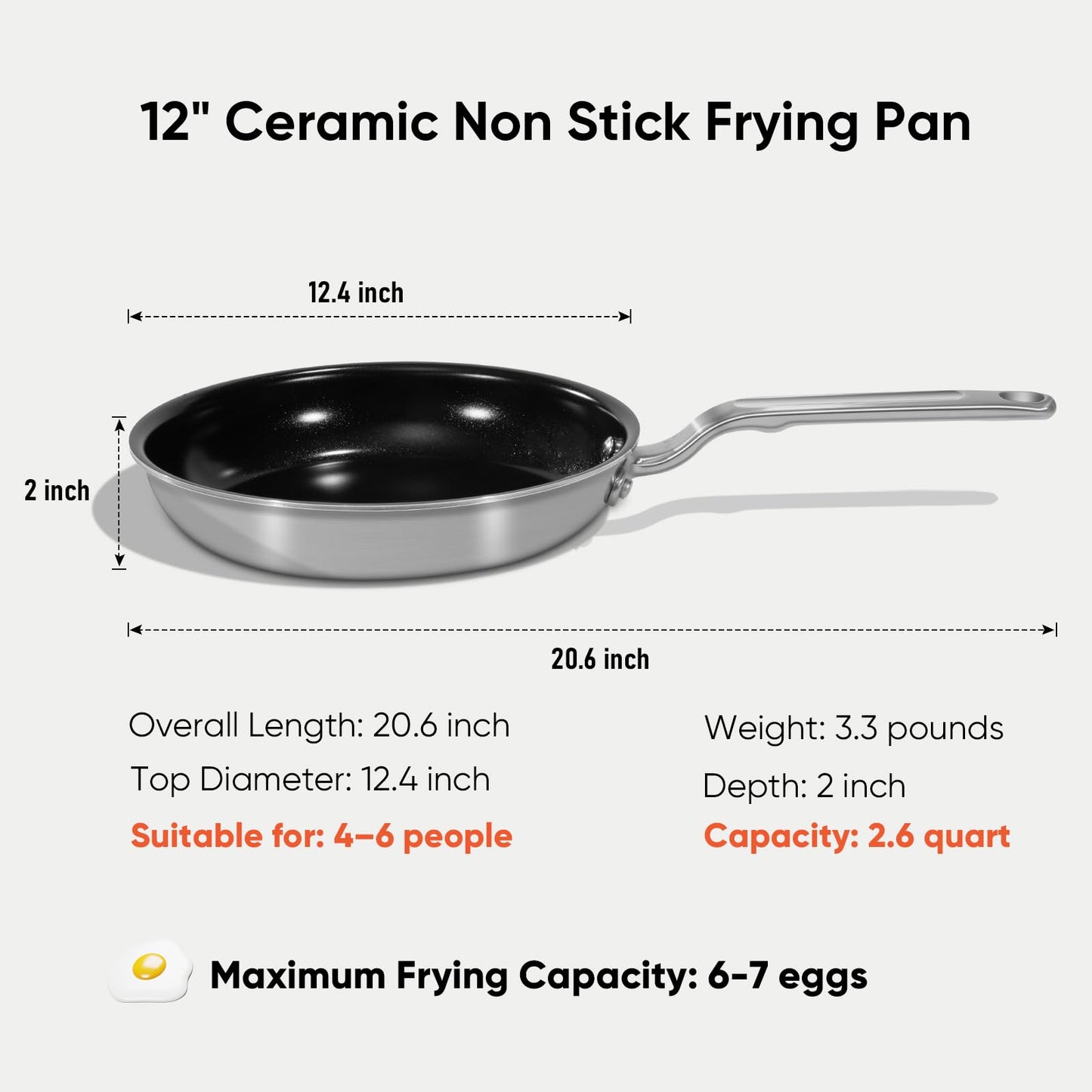 GLOBEHOME 5 Ply Ceramic Non Stick Frying Pans - 12 Inch Stainless Clad Nonstick Skillet, Non-Toxic PTFE PFOA & PFAS Free, Induction Ready Oven Safe up to 650°F, Professional Even Heating Cookware