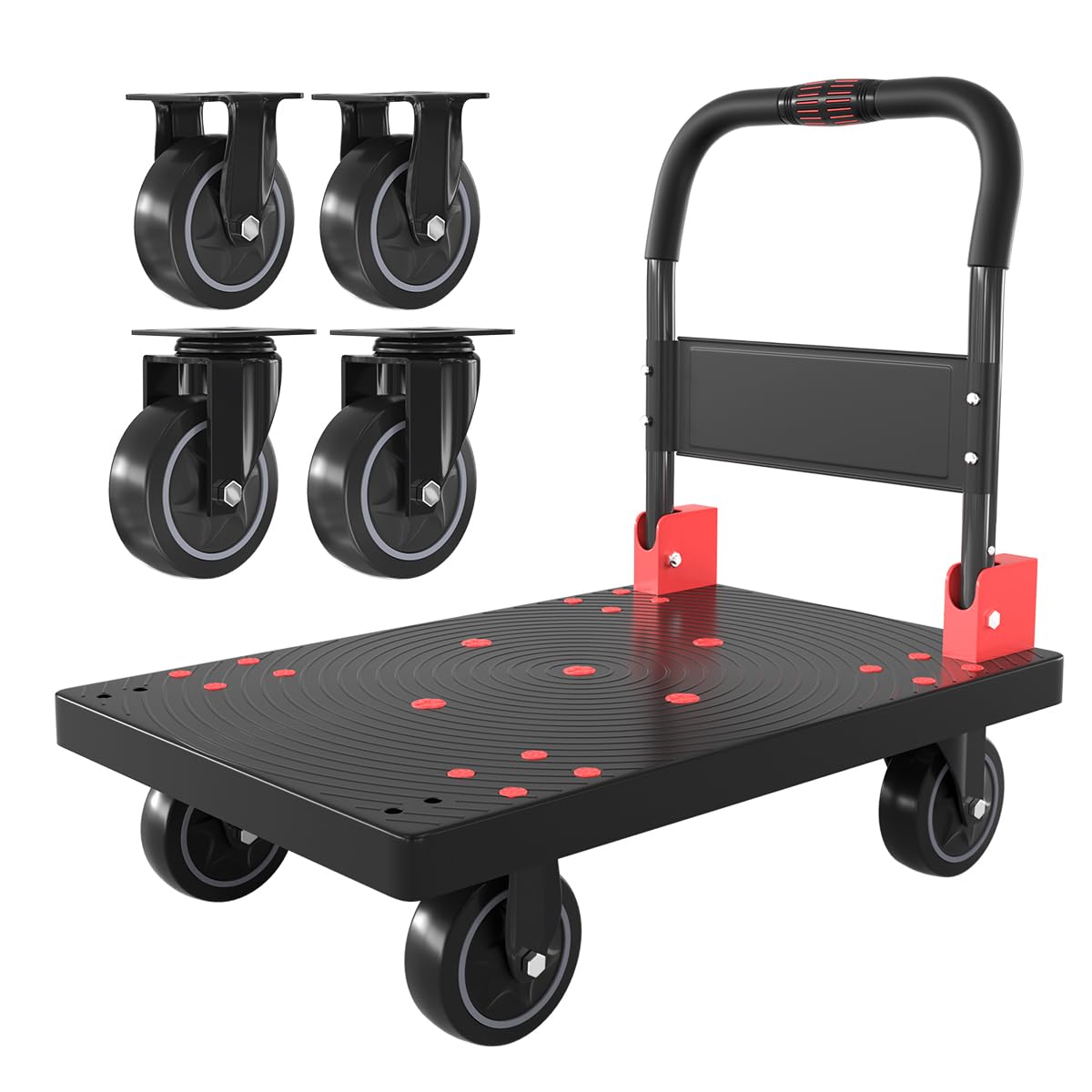 WUD Push Cart, Folding Mobile Platform Trolley,Thickened and Reinforced, 360° Swivel Wheels, 28.7 “L x 19.3 ”W, 661 lb.Black Dolly cart with Wheels