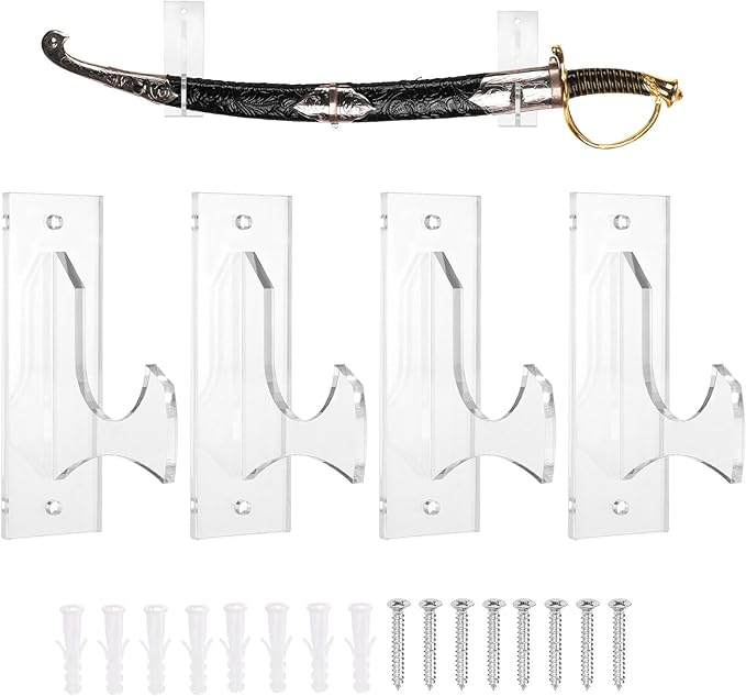 uxcell 4 Pcs Sword Holder Wall Mount Sword Racks Acrylic Wall Sword Display Hanger with Mounting Tools for Knife Martial Arts Sword Placement Display, Clear