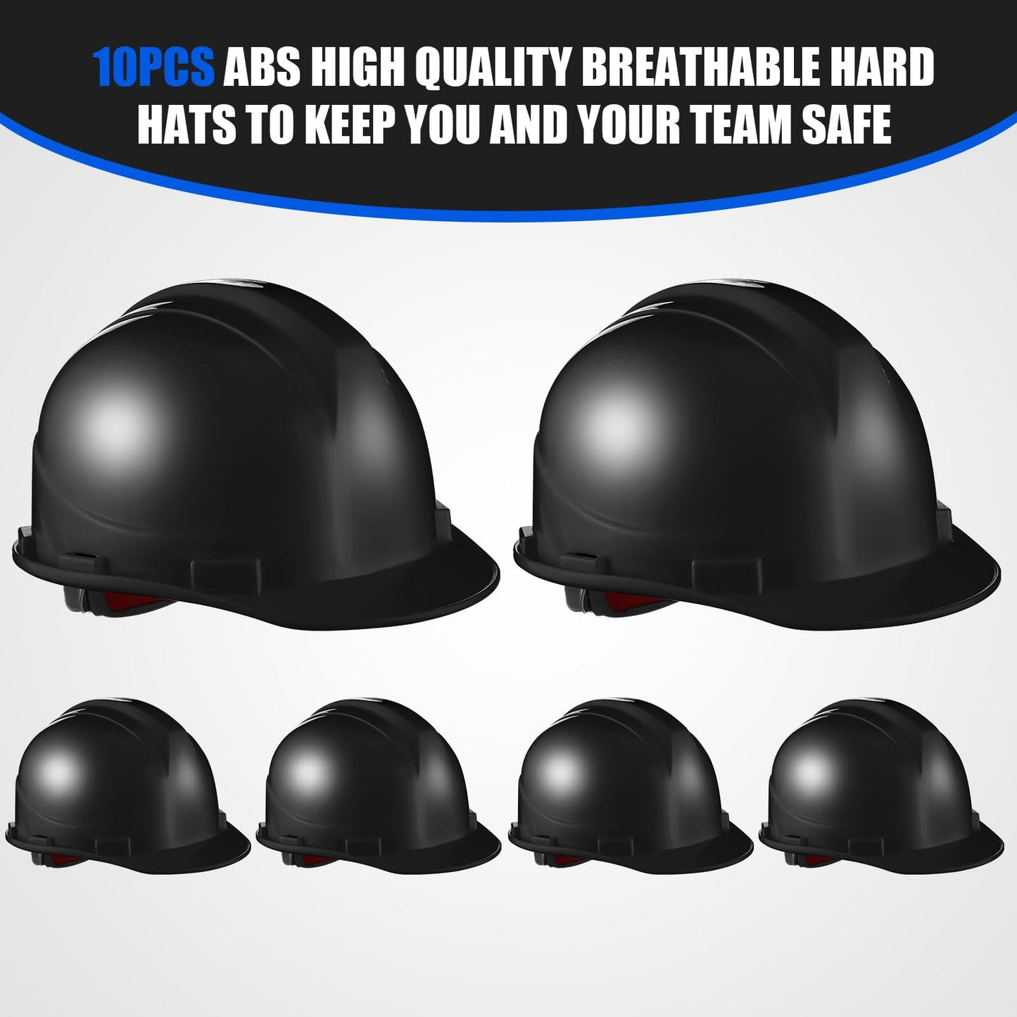 Leumoi 10 Pcs Suspension Hard Hat, Construction Hard Hat for Safety, Ratchet Cap Style with Self Adjusting Crown Straps for Man Woman (Black)