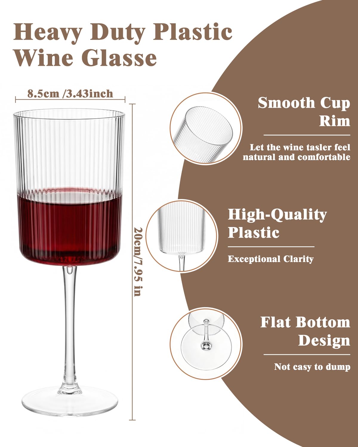 Ciaell 12 PCS Plastic Ribbed Wine Glasses - 10 OZ Plastic Square Wine Glasses with Stem - Disposable Champagne Cups for Parties & Weddings & Party