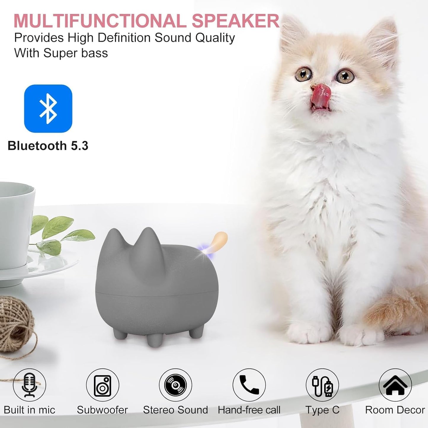 Svemei 2PCS Pairing,40H Portable Bluetooth Speaker, Cute Cat Mini Wireless Speakers with Loud Stereo Sound, Built