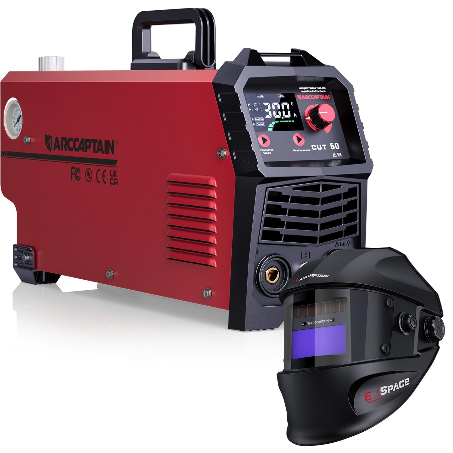ARCCAPTAIN 50Amps Plasma Cutter Machine with 110/220V and True Color Auto Darkening Welding Helmet