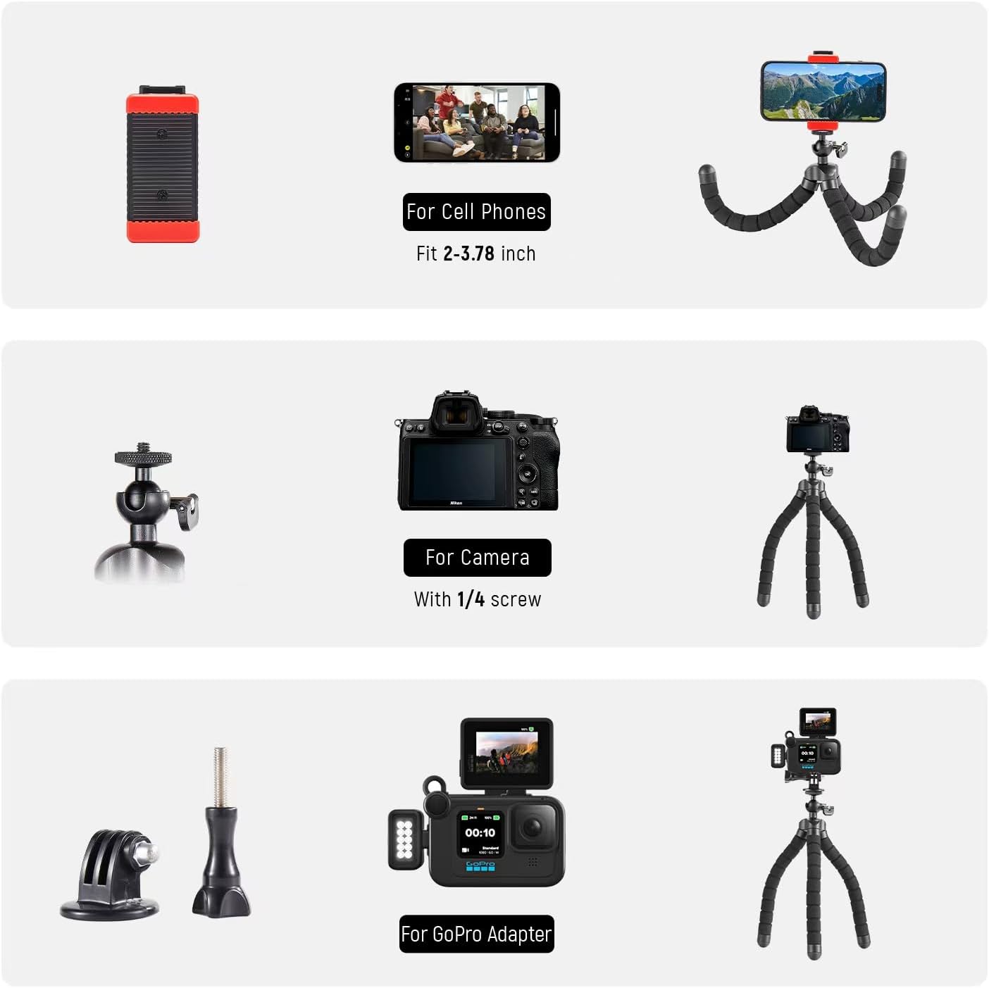 Aitteel Black(ATAY-11-1) Octopus Phone Holder Portable Flexible Cell Phone Tripod, Mini Travel Camera Stand, Compatible