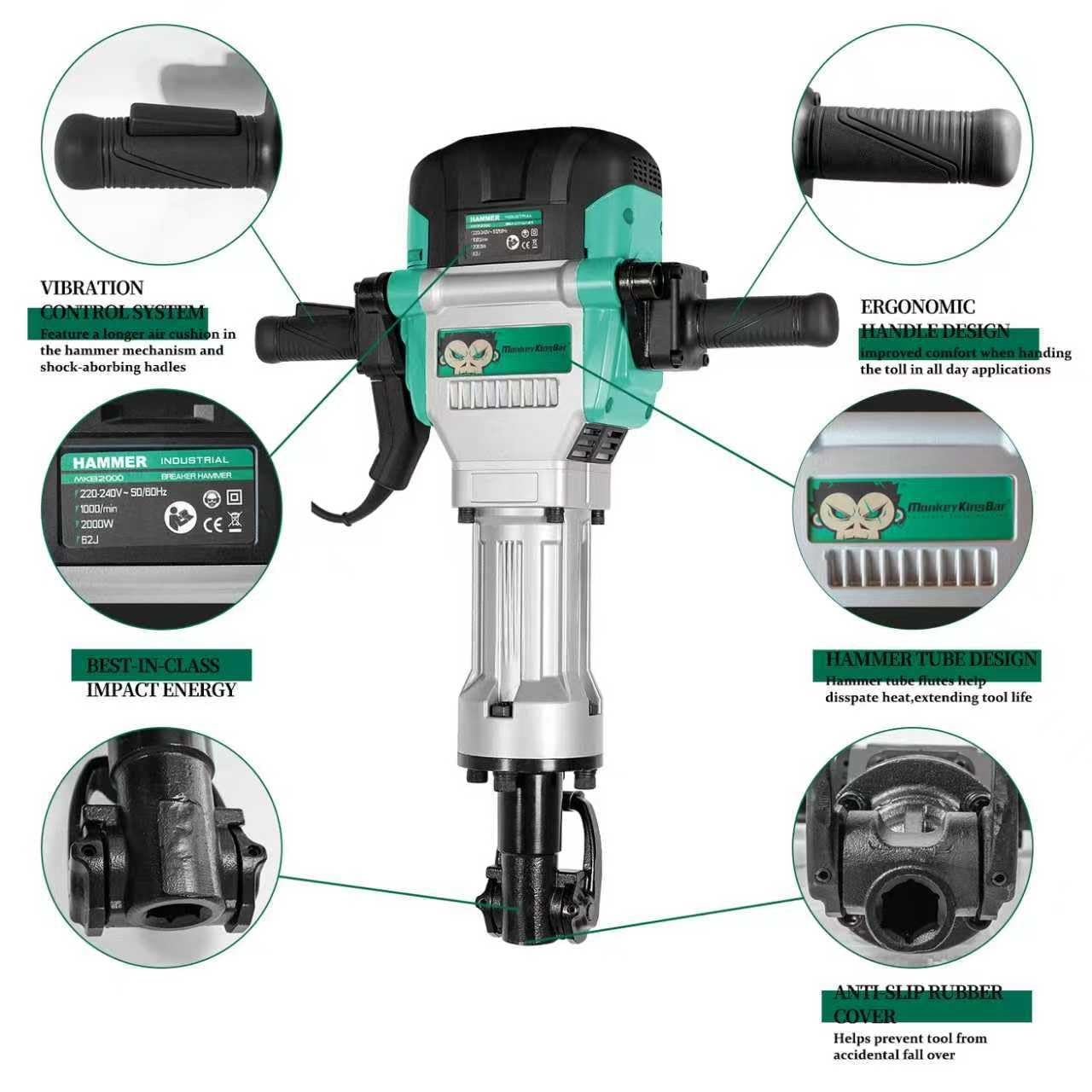 MonkeyKingBar- 1-1/8 Breaker Hammer Deluxe Kit- 78J Advanced AVT Breaker Hammer with 2-Piece Chisel, 78lb