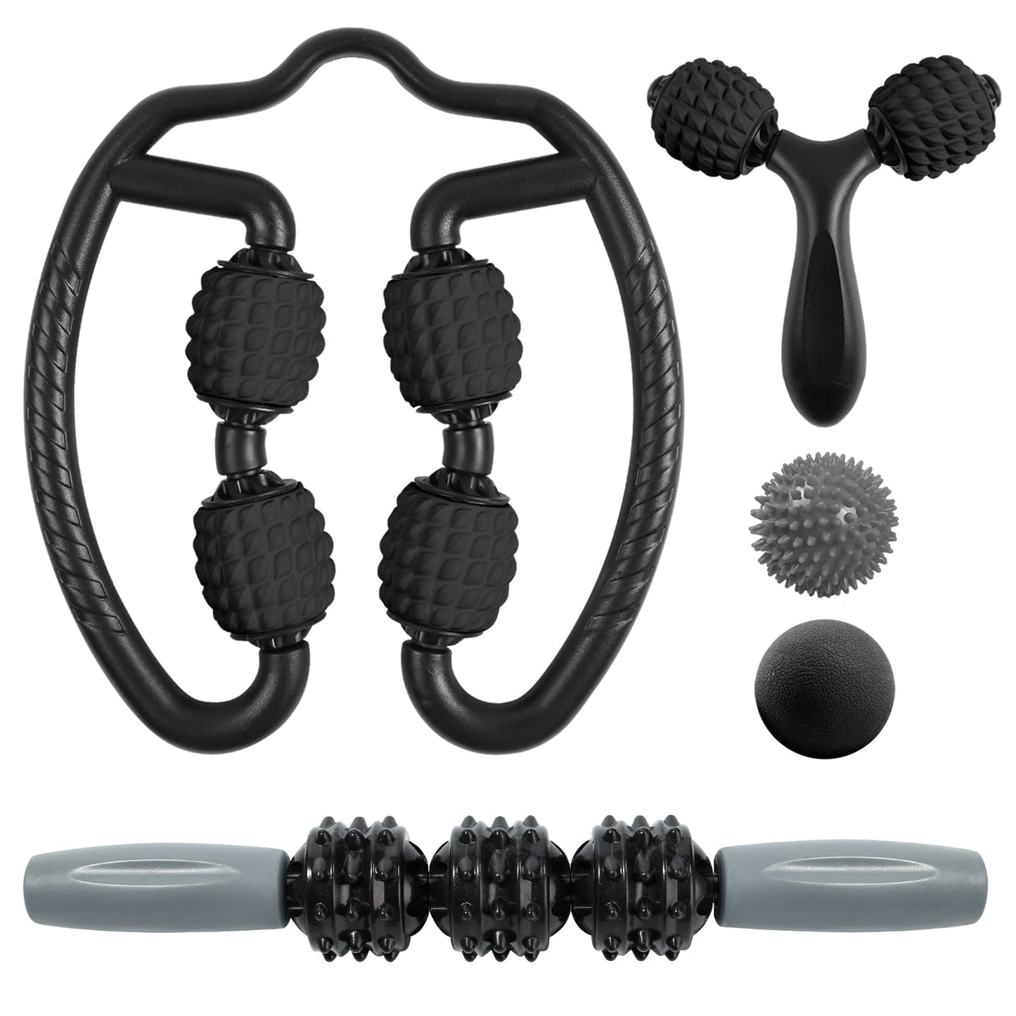 Odoland Massage Set - 360 Trigger Point, Muscle Roller Stick, Y Shaped Handheld, 2 Massage Balls for Legs, Arms - Myofascial & Deep Tissue Pain Relief - Black