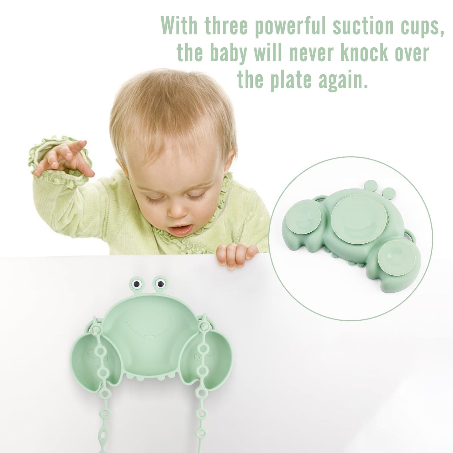 Silicone Baby Feeding Set, 8-Piece Baby Led Weaning Supplies Included Toddler Suction Plate, Bowl, Cup, 3 Spoons & 2 Safety Straps Keep Spoon, Fork & Bottle Off The Floor for Self-Feeding (Green)