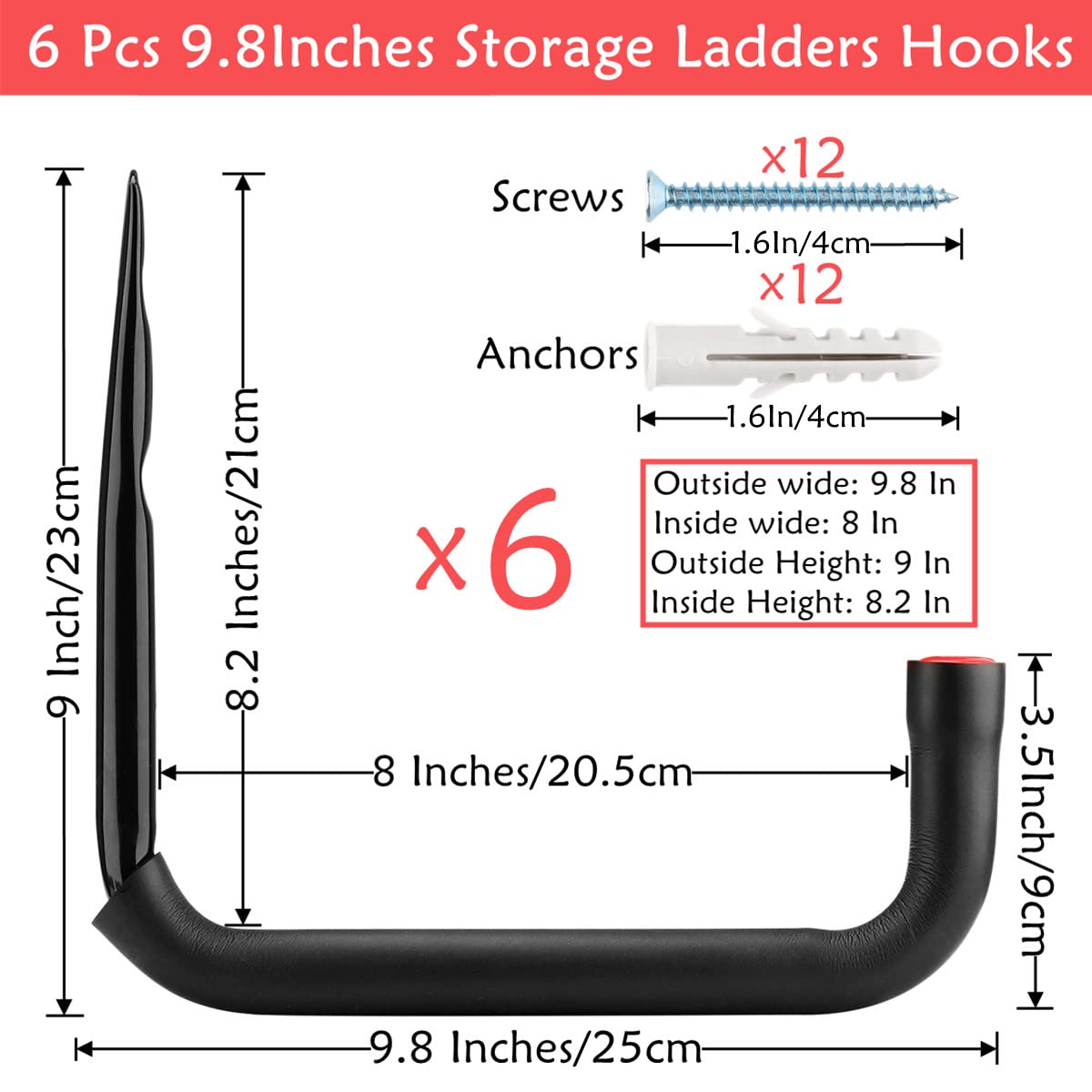Naikozmo Garage Storage Ladders Hooks, 6 Pack Heavy Duty Utility Hanger, 9.8IN Wall Mount Rack Safely Holds 50 Pounds