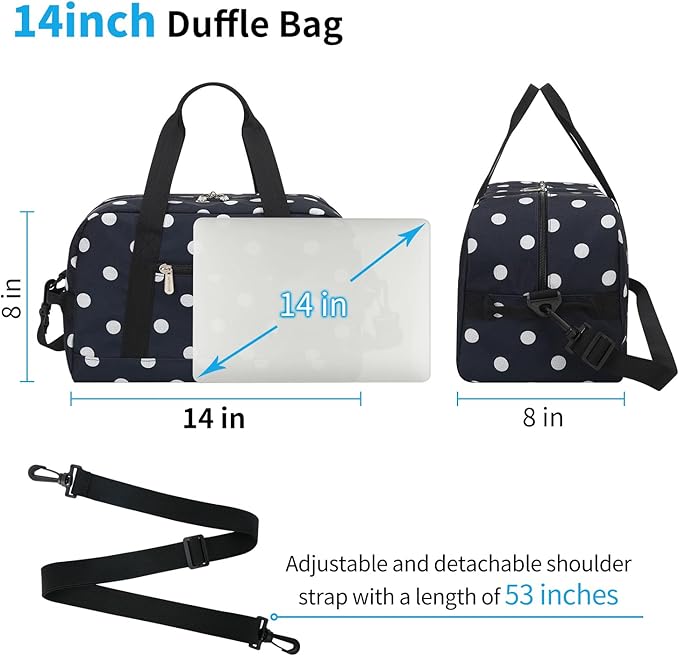 Small Gym Bag 14 inch lightweight Carry On Mini Duffel Bag for Travel Sport - Polka Dot Blue
