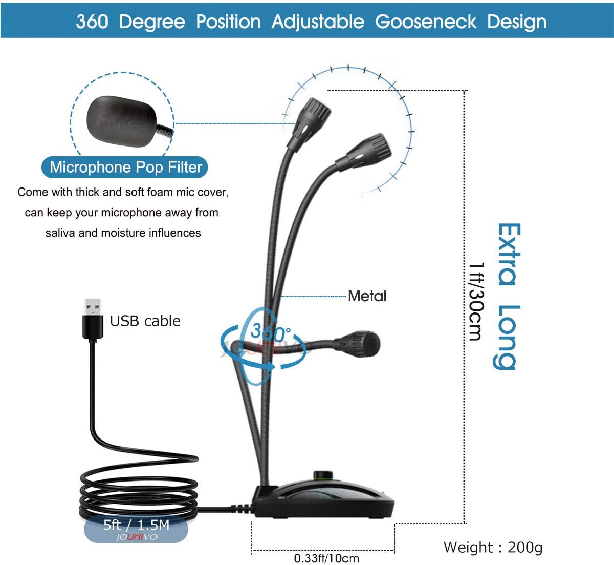 JOUNIVO PS4 (JV603PRO) USB Recording Microphone, Computer PC Podcast Condenser Cardioid Mic with Mute Button & LED