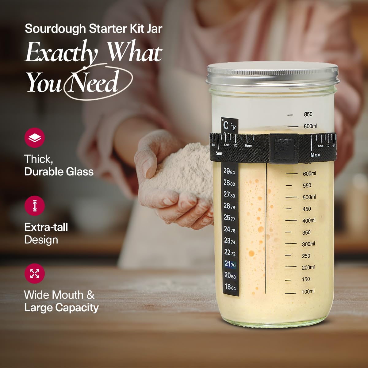 Spring Crust Beginner-Friendly Sourdough Starter Kit, Sourdough Starter Jar, 34oz Sourdough Jar Wide Mouth, Easy Instructions, Recipes & 24/7 AI Support - Sourdough Bread Baking Supplies
