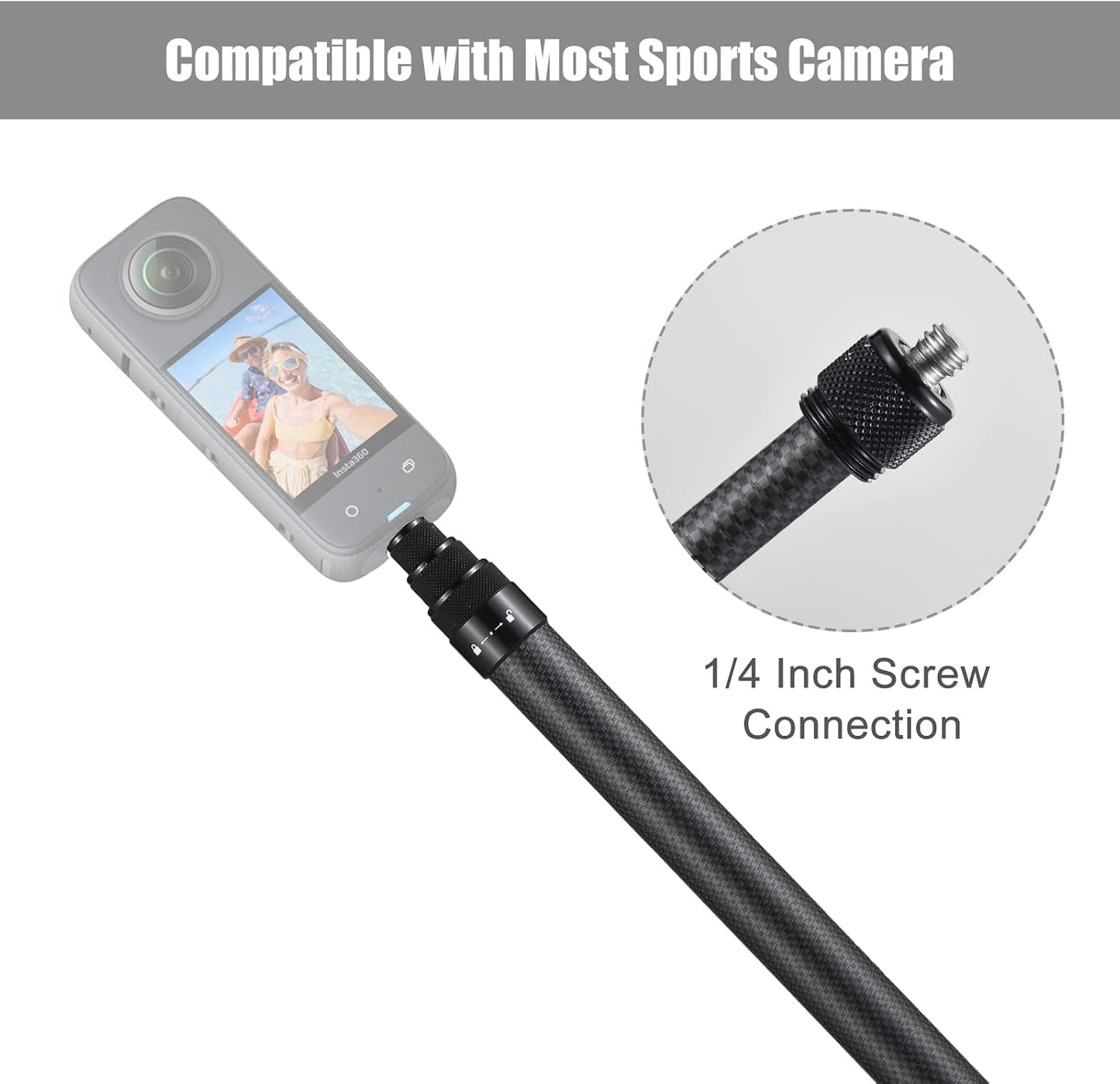 Andoer 1/4 Inch 36cm-150cm/14.2in-59in X2/ X3 Portable Selfie Stick Carbon Fiber Stand Camera Bracket Screw Mount