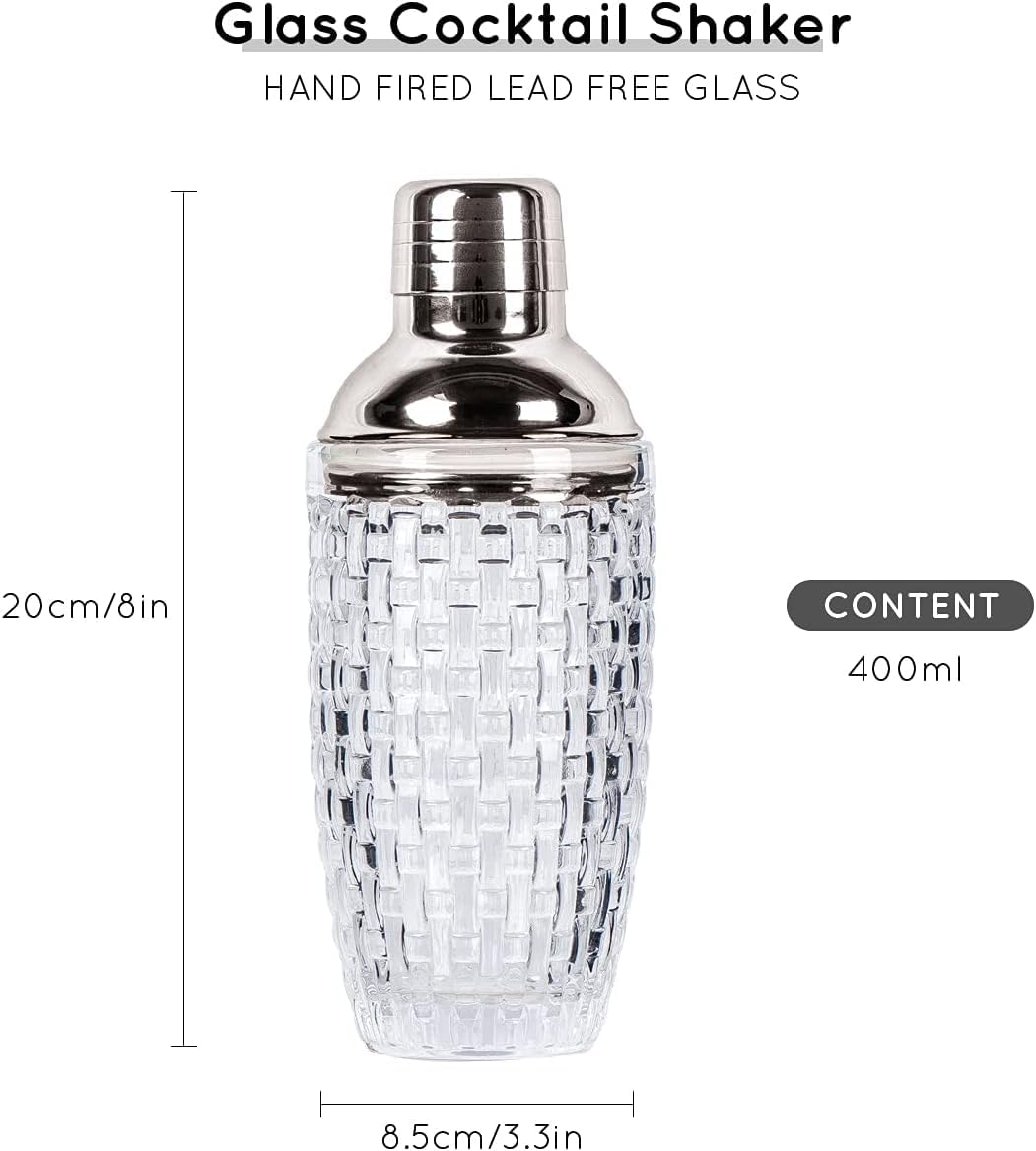 JOYCEMALL 13 oz Glass Cocktail Shaker - Leakproof Shaker Set with Metallic Steel Lid & Built - in Strainer, Professional Bar Mixing Set for Martini, Whiskey, Margarita and More Drinks - Silver