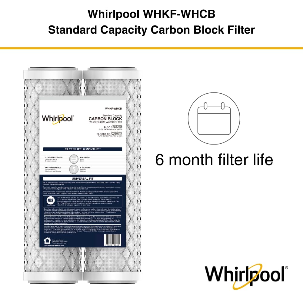 Whirlpool 10" x 2.5" Carbon Block Water Filter WHKF-WHCB, NSF Certified 5 Micron Reduces Chlorine and Sediment, 6-Month Life, CTO Replacement Cartridge Fits Home Filter Housing, Reverse Osmosis System
