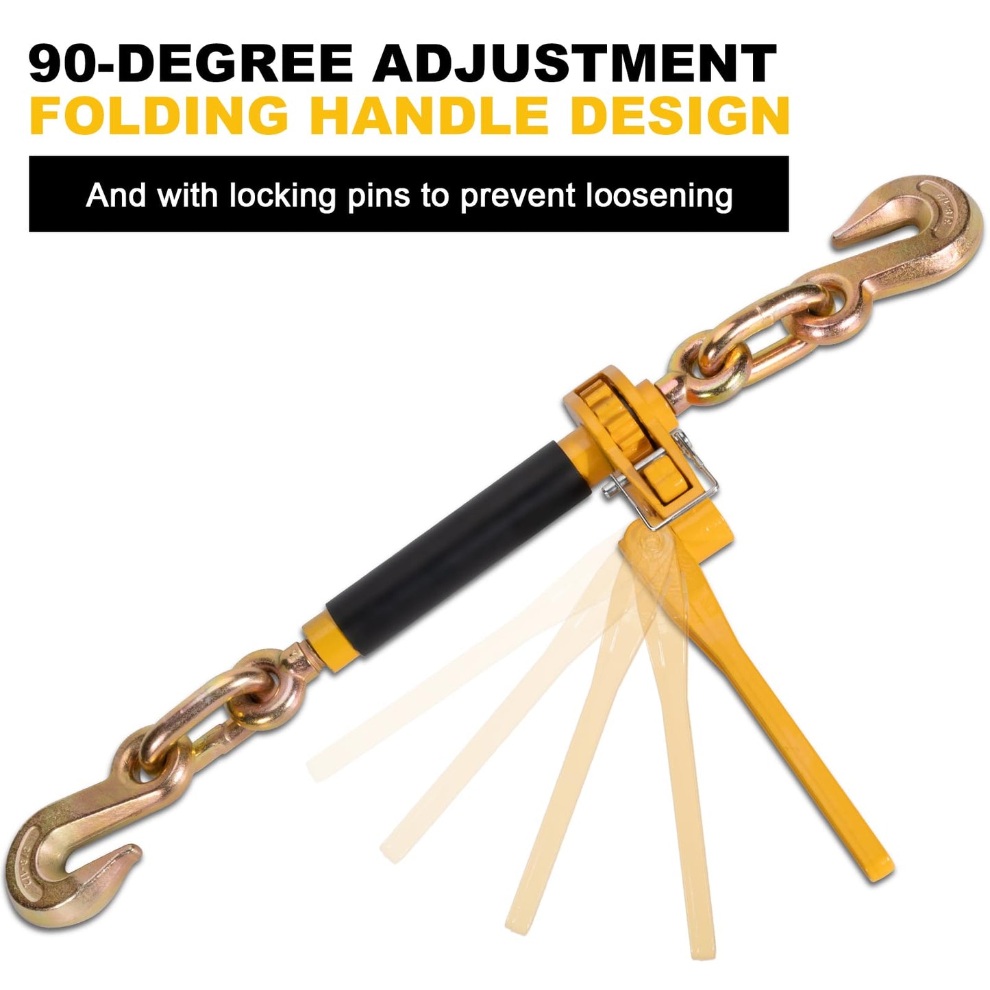 AYMMIC 3/8"-1/2" Heavy Duty Folding Handle Load Binder, Ratchet Chain Binder with Grab Hooks G70-T80, 12,000 lbs WLL Tie Down Hauling Chain Binders for Flatbed Truck Trailer, 2 Pack