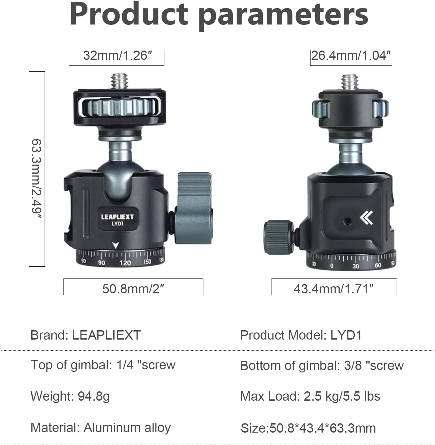 LEAPLIEXT 360 1/4-inch 2.5kg/5.5 lbs Tripod Metal Ball Head, Panoramic Rotating Base Adapter, with Screw and Cold Shoe