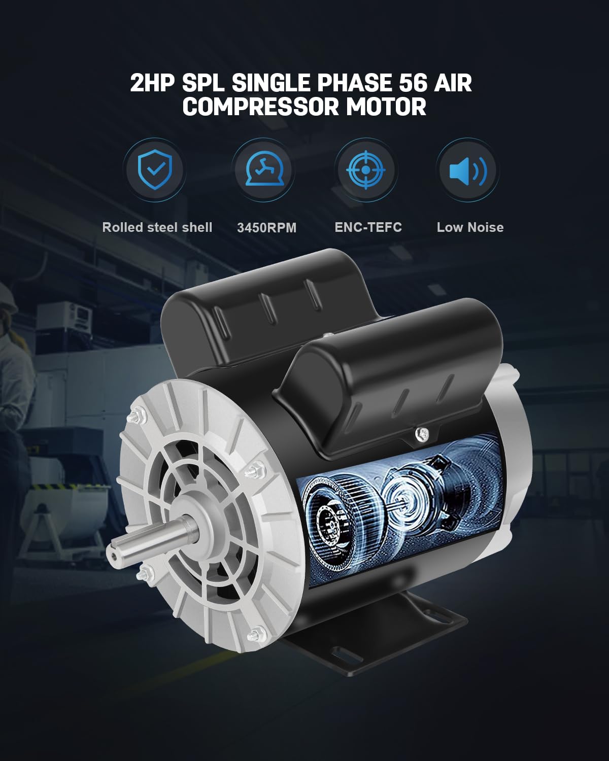 2 HP SPL Air Compressor Motor, Single Phase Electric Motor, 3450 RPM 115/230V, 56 Frame 5/8 Keyed Shaft 60 HZ