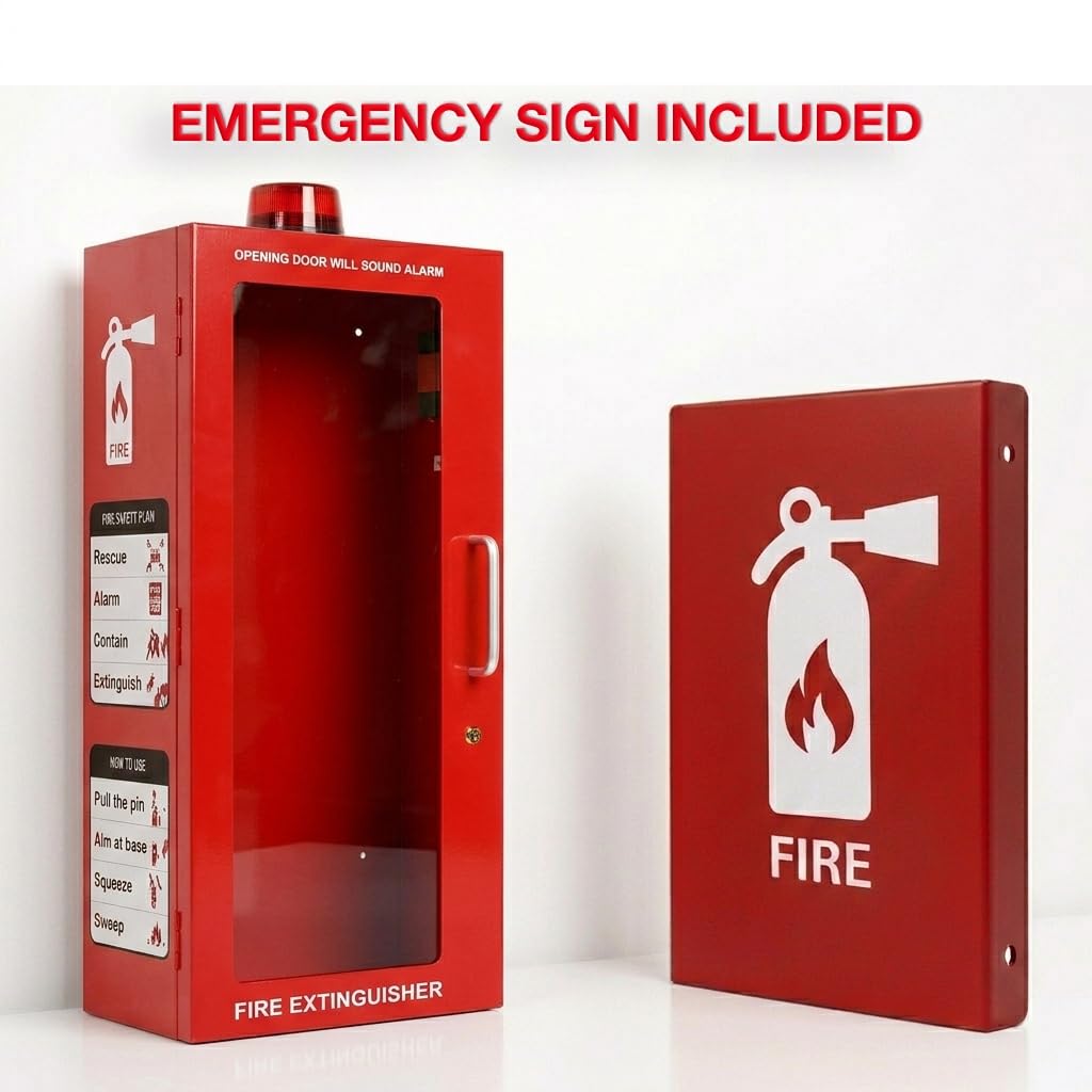10 lb Fire Extinguisher Cabinet with Alarm, Lock, & Breakable Acrylic Window | Wall or Surface Mount | Fits 5 lb and 10 lb Extinguishers | Fire Safety Instructions Included (10 lb) (Red)
