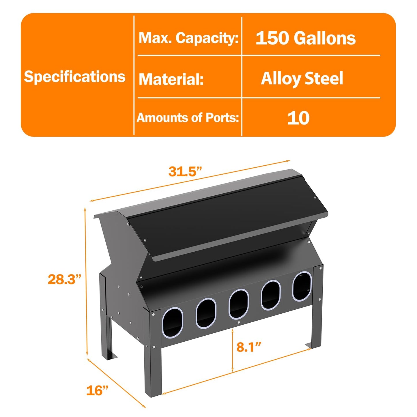 BUYYAH 50-100LB Capacity Turkey Feeder, 10-Port Waterproof Chicken Feeder, Indoor Outdoor Uses, Black