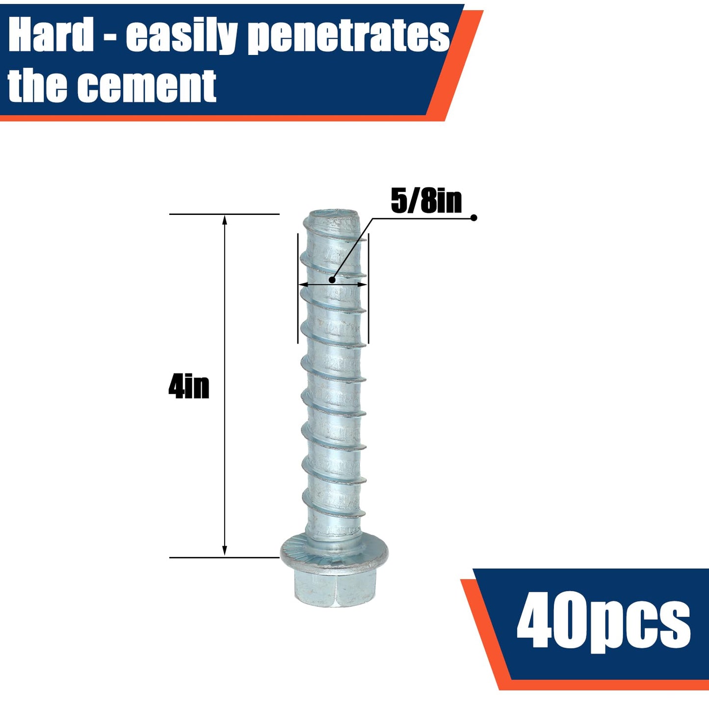 Tandefio 40 Pack 5/8" x 4" Concrete Screw Anchors Galvanized Large Diameter Heavy Duty Plated Concrete Anchors for Masonry Brick Anchoring Block Decking Framing Hex Drive