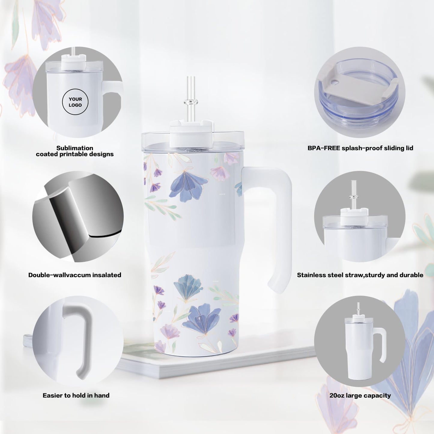 Lilsofee 25 Pack 20 oz Sublimation Blank Tumbler with Handle and Straw Stainless Steel Double Vacuum Insulated Mug Heat Press Transfer Printing DIY Cup