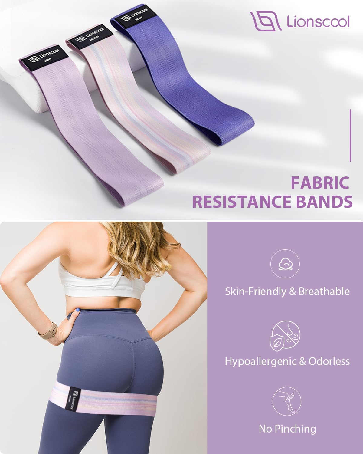 LIONSCOOL Pilates Ring Set (Purple) - 14" Anti-Deformation Magic Circle with Padded Handles, 9" Mini Ball, Non-Slip Fabric Resistance Bands, Guide & Bag