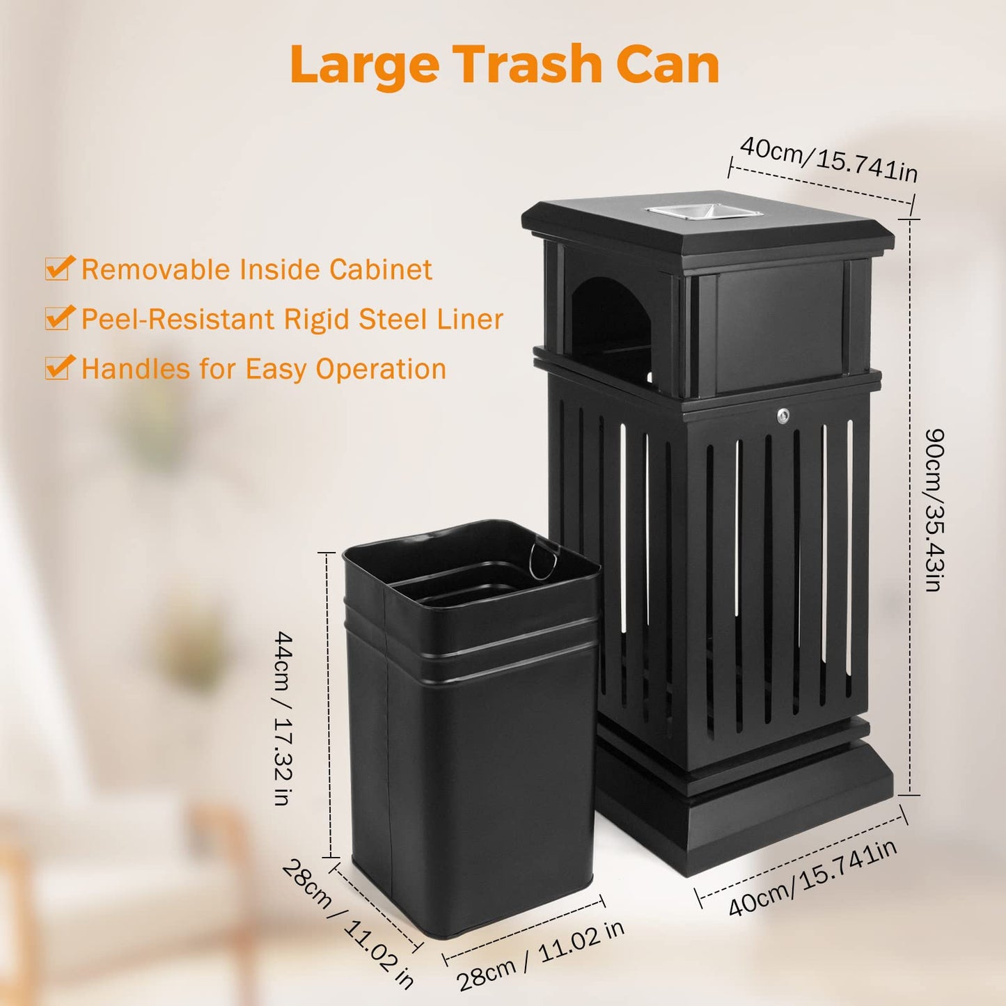 BEAMNOVA 35.5 * 15.8 * 15.8in Matte Black + 9.8 * 24 in Black Trash Can Outdoor Top Tray Stainless Steel Commercial Garbage Enclosure