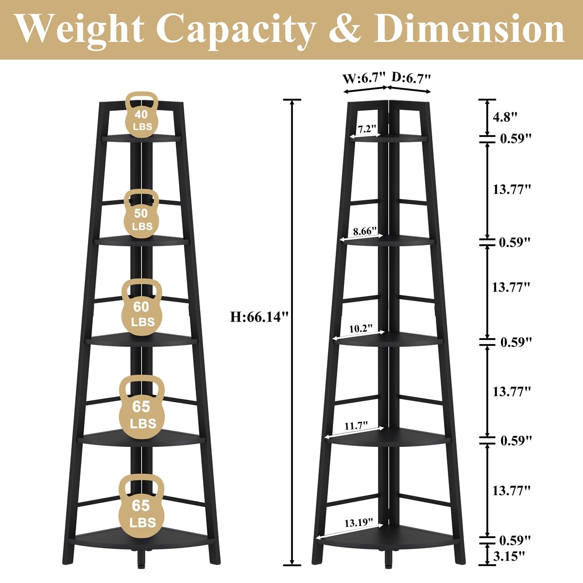 BON AUGURE 5-Tier Corner Shelf, Industrial Tall Corner Bookshelf for Living Room, Narrow Ladder Bookcase with Metal Frame, Rustic Wood Corner Plant Stand for Small Space, Home Office, Black Oak