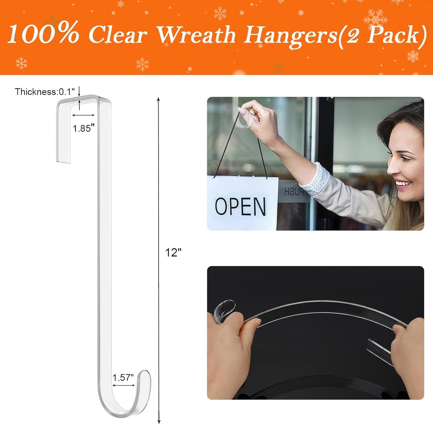 Skiennix 12-Inch Wreath Hangers - Clear Over-The-Door Hooks, 2-Pack Non-Scratch Design for Holiday Decor