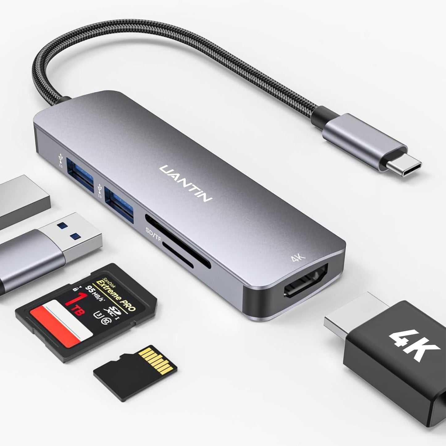 UANTIN 4K 2 3.0, 5 1 USB C Hub Multiport Adapter with HDMI Dongle, SD/TF Card Reader, USB-A in USBC Hub for MacBook Mac