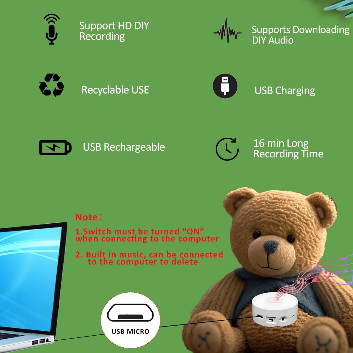 XLW Recorder,16Min Pillow.16MB (2P Voice Voice Recording Button for Stuffed Animals, Bear,Crafts Record Custom Messages