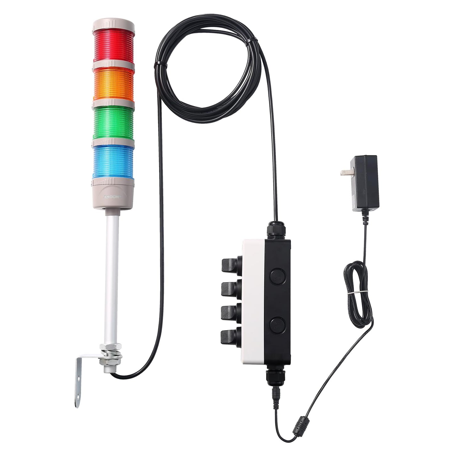 ANDONT 4-Stack LED Andon Tower Signal Light, Red/Yellow/Green/Blue, On/Off, ABB Selector Switch, Mean Well Industrial Power Adapter 6 ft & 32 ft Extension Cord, IP65 Rated, Plug-and-Play