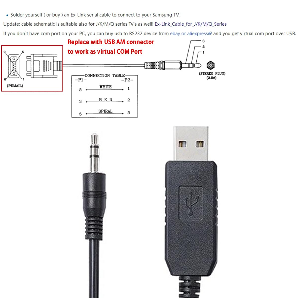 Cutesliving 3.5mm CP2102 (10 ft/3M) USB to Ex-Link Cable - Silicon Labs Chip for TV Service Mode & Firmware Updates