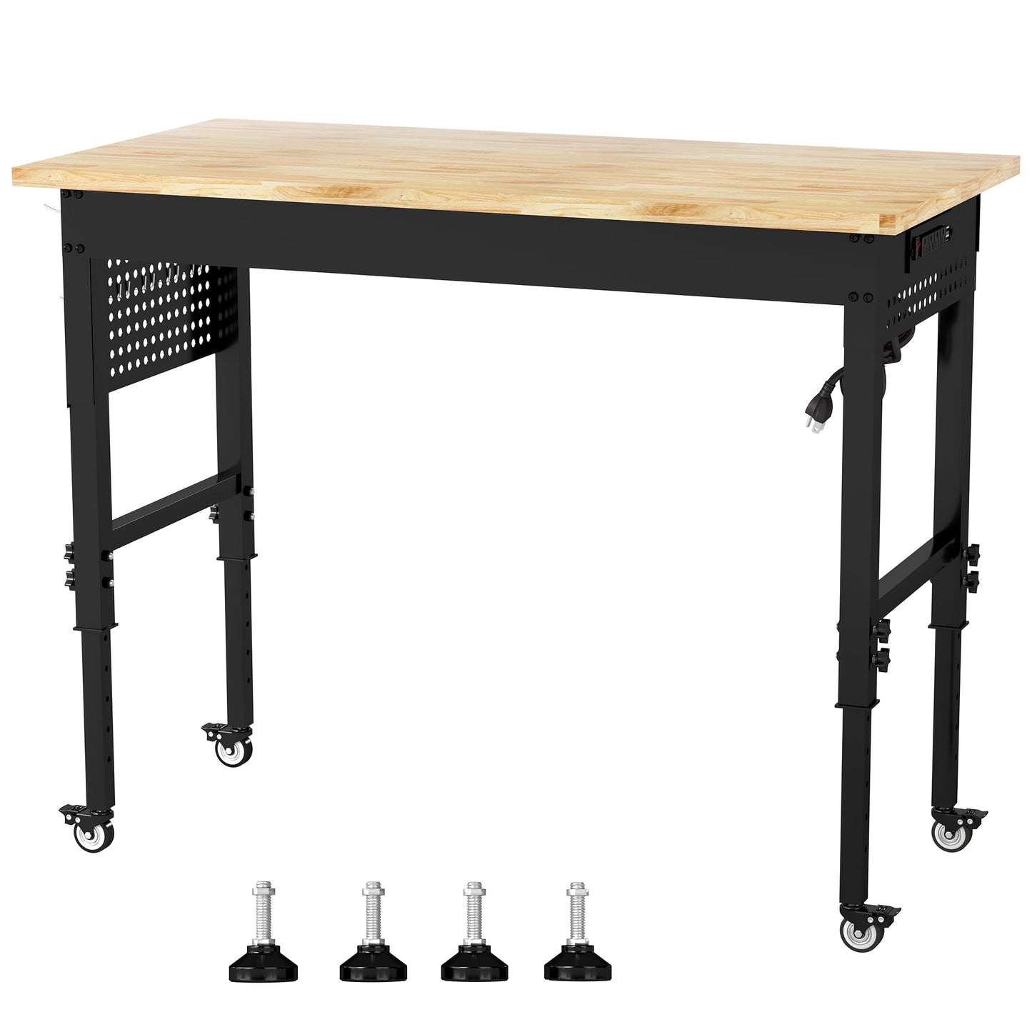 HARDURA 48" Adjustable Wooden Workbench with Wheels, Built-in Power Outlets, 1320 lb Load Capacity for Workshop