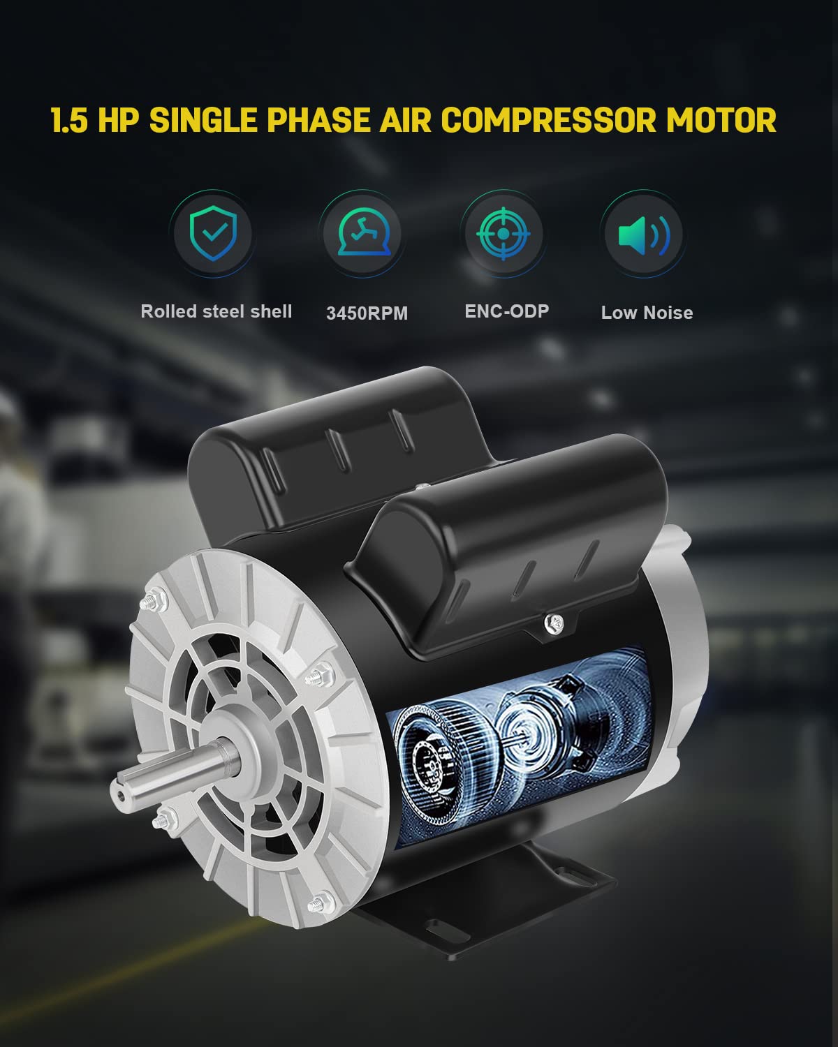 1.5 HP Air Compressor Motor, 3450 RPM Single Phase Motor, Electric Motor, 56 Frame 5/8" Keyed Shaft 115/230V, Duty-Continuous CCW Rotation, 1.88" Shaft Length for Air Compressors