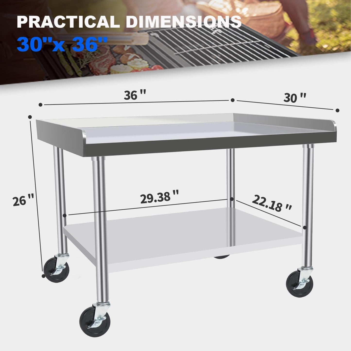 KUGEIGO Commercial-Grade Stainless Steel Workstation Table with Under Shelf & Lockable Casters (30"x36"x26")