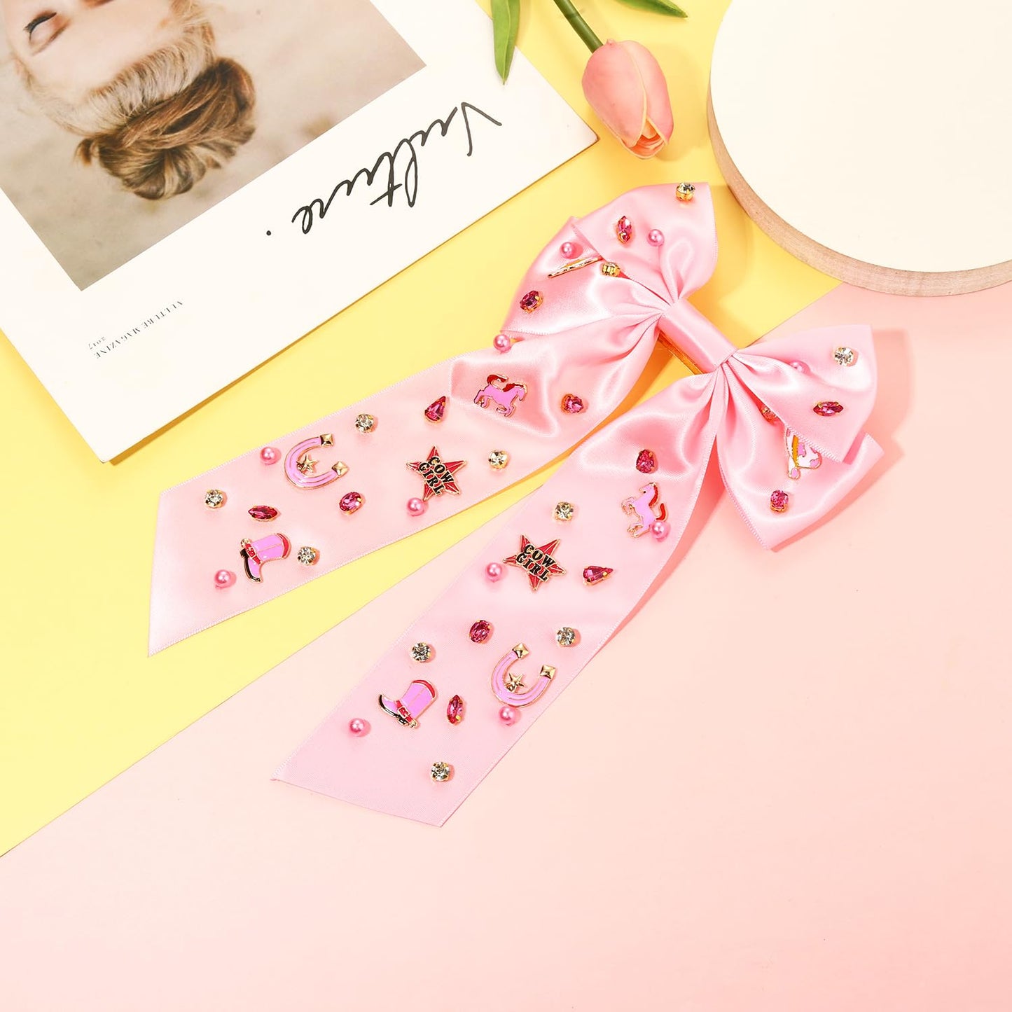 Skiennix Western Hair Bows - Jeweled Cowgirl Clips for Women | Big Pink Hair Accessories