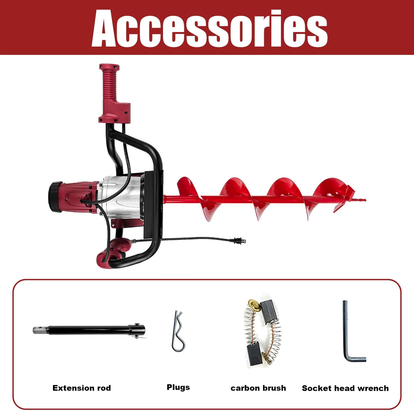 Yoputetool 1500W Electric Post-Hole Digger with 6-Inch Auger Bit, Earth Auger Drill, Auger Bit Earth Auger, Ideal for Post Hole Digging, Drilling, Tree Planting, Red