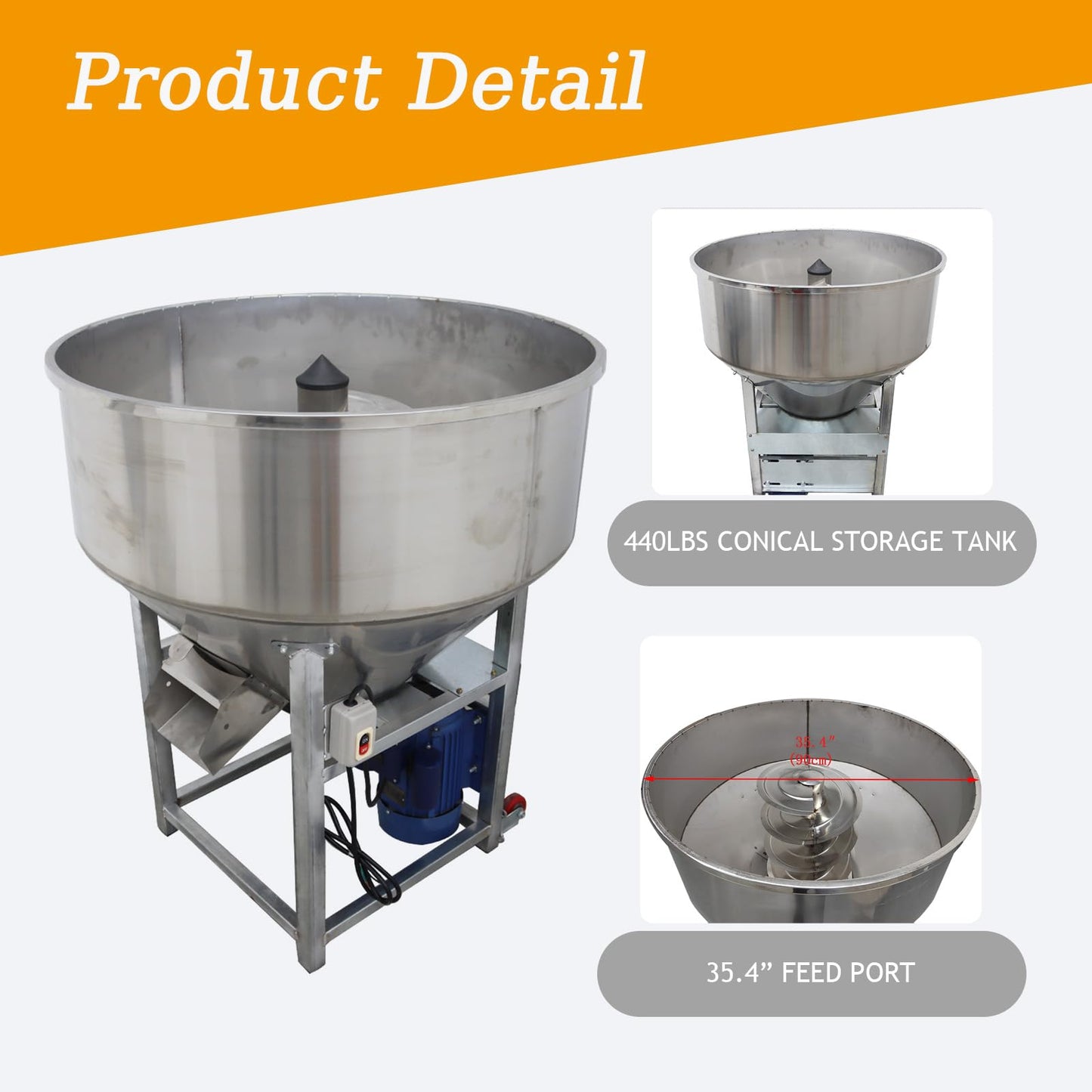 JARYANNIX 440LB Stainless Steel Feed Mixer, 110V 4KW Discharge Plastic Particles Mixing Machine with Spiral Stirring Blades, for Grain and Fertilizer Blending