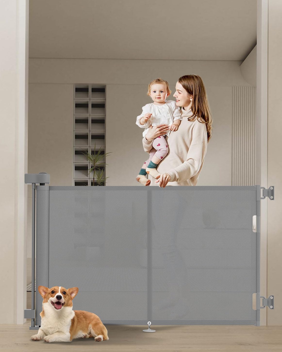 Miumoon 59 inch Retractable Baby Gates 34 inch Tall, Retractable Gate with Reinforced Strip Design to Prevent Crawling Through, 5 FT Retractable Dog Gate for Stairs, Doorways, Hallways, Indoor/Outdoor