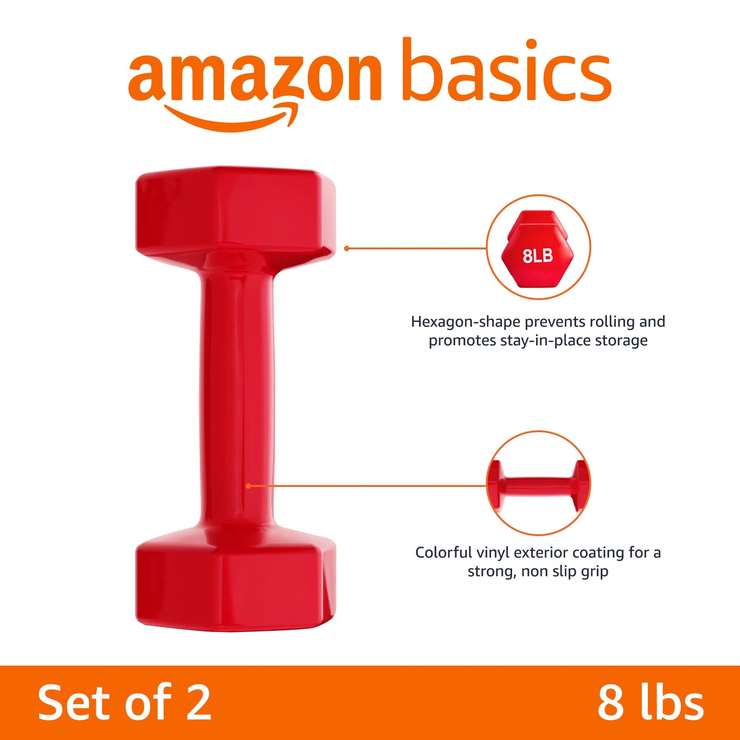 Amazon Basics Vinyl Coated Hexagon Dumbbell Hand Weights with Non-Slip Grip, 8 lbs, Steel Core for Gym Exercise Workout, Red, Pair