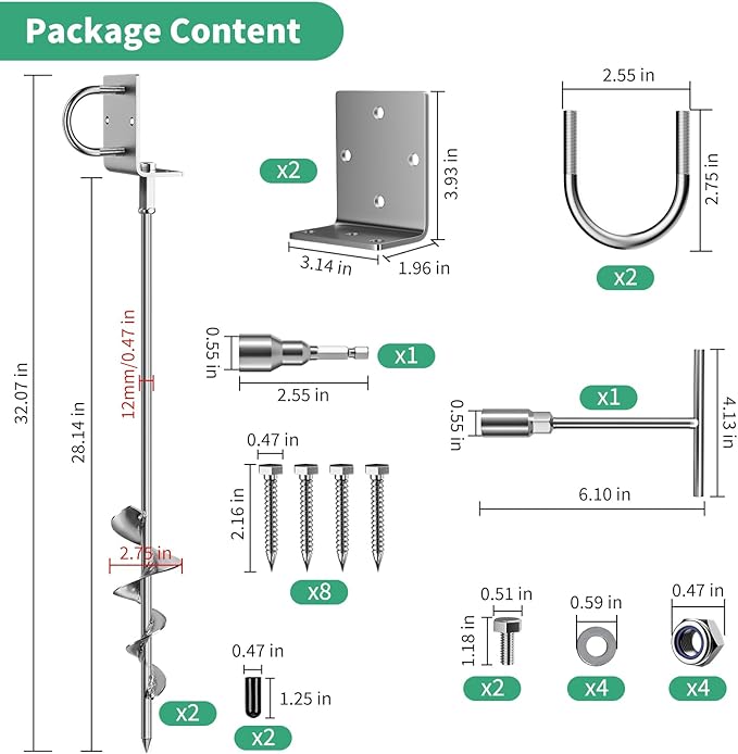 Phopich Multi-Purpose Ground Anchors Screw in, 28in Fully Welded Heavy Duty Trampoline Stakes with Brackets, T-Wrench and Adapter for Drill, Earth Anchor kit for Mobile Home, Trampoline, Shed 2Pack