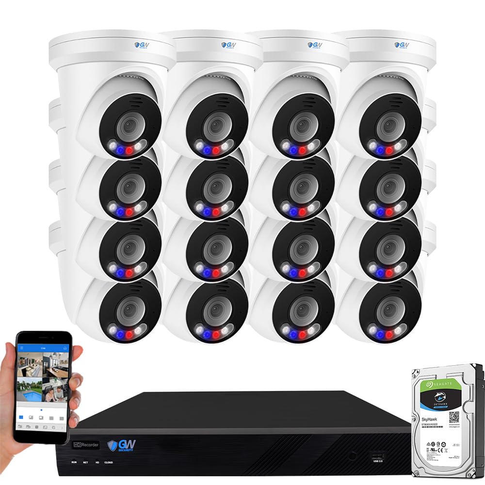 GW Security 32 Channel NVR UltraHD 12MP 4K @30FPS Face/Human/Vehicle Detection PoE Security Camera System with 16 x 12MP (4512x2512) IP Microphone Outdoor & Indoor AI Dome Cameras, Color Night Vision