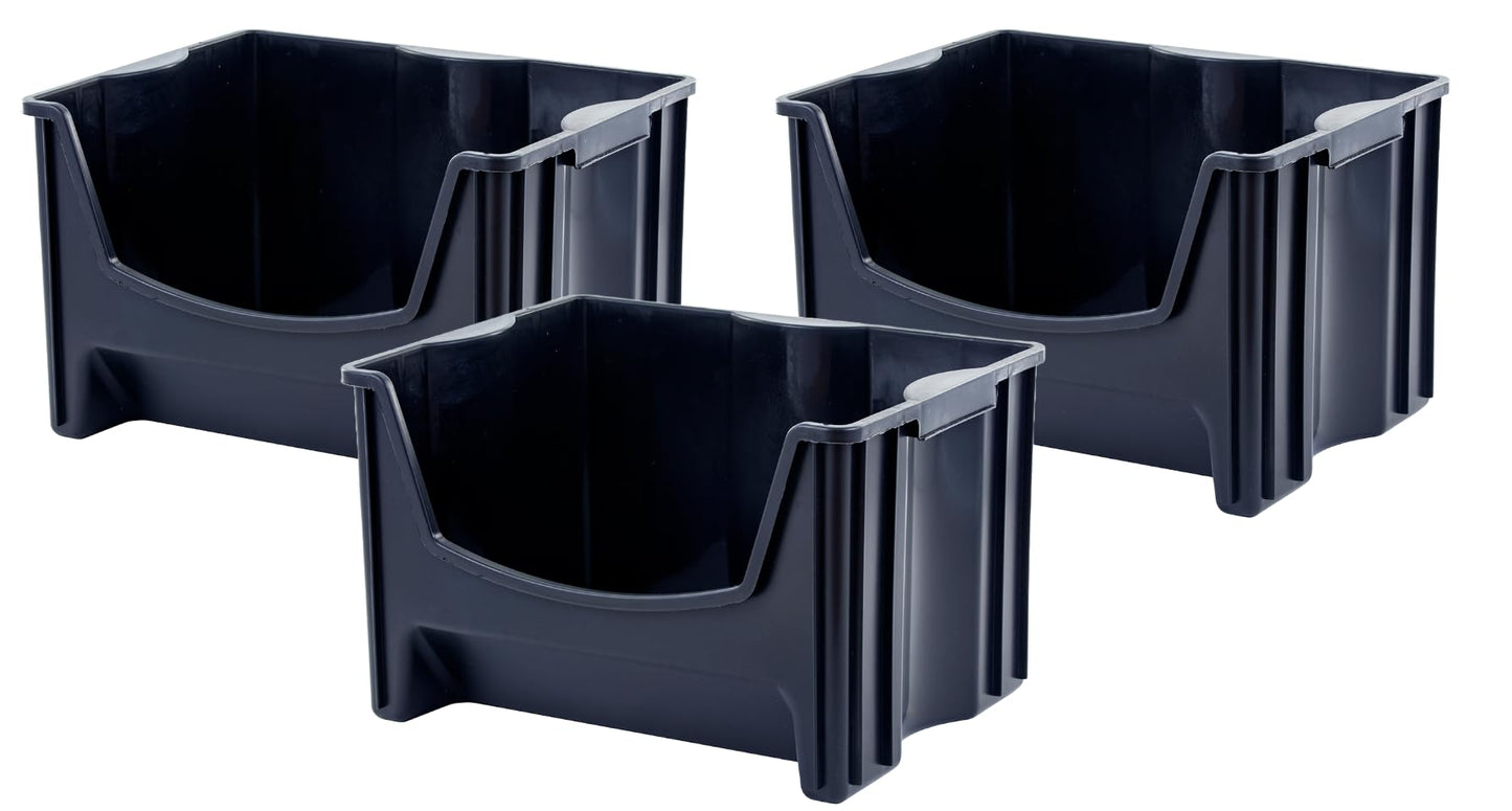 Mighty Tuff Jumbo Stackable Storage Bins, Pack of 3, Easy-Access Storage, Large Easy-to-Grip Handles, Wide Front Opening, Interlocking, Stack Vertically, Black