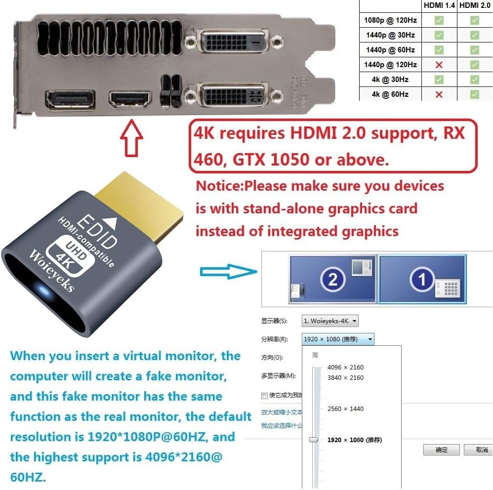 Woieyeks 3 Pack Dummy 4K 4k@60Hz,1080@120Hz HDMI Plug HDR,Virtual Monitor EDID Emulator, Headless Display